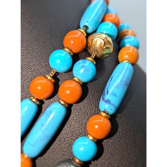 Vintage Three Strand Aqua Brick Gold Tone & Silver Tone Beaded Pendant Necklace - Picture 5 of 7